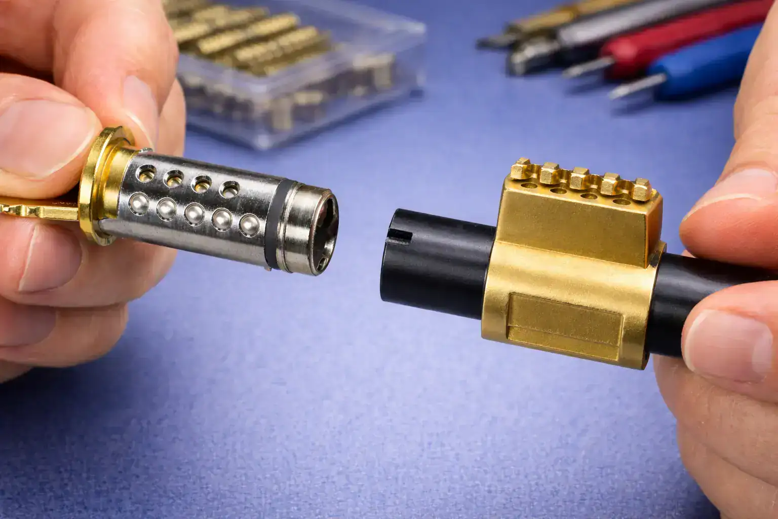 Lock cylinder disassembled during rekey process showing plug, pin chambers, and internal components evaluated for tolerance and mechanical integrity in Silver Spring MD.