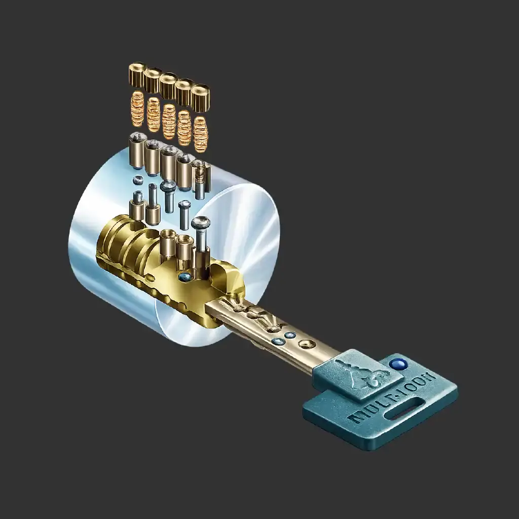 Illustration of pin tumbler lock cylinder showing key pins, driver pins, springs, and shear line alignment during rekey process in Silver Spring MD.