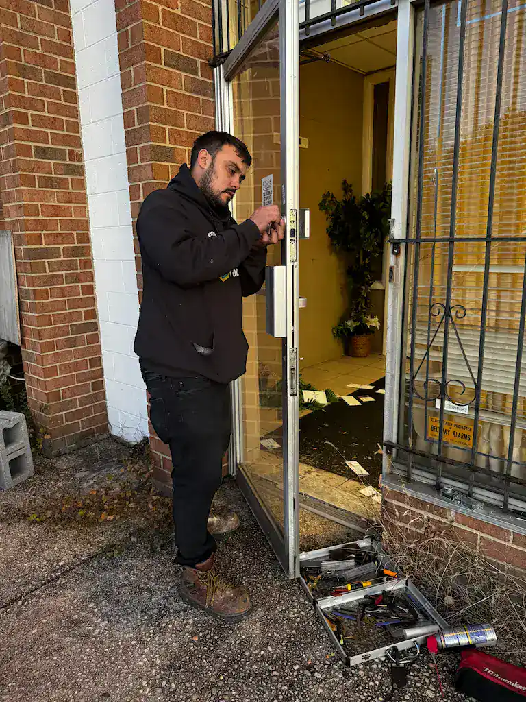 Residential locksmith repairing front door lock at home in Ellicott City Maryland