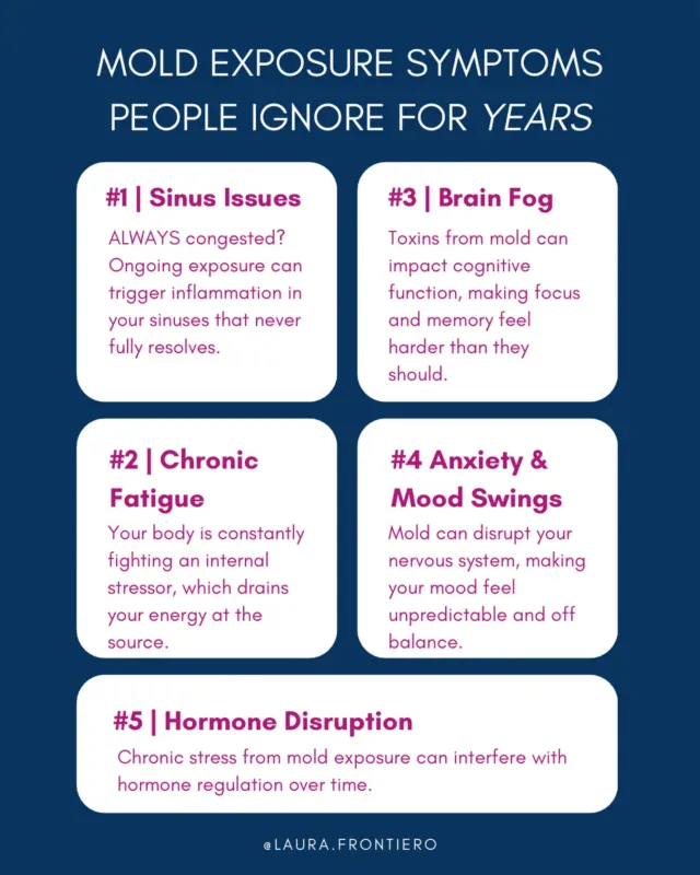 Do you feel worse at home but can’t explain why?

You’ve cleaned up your diet.
You’re trying to take care of yourself.
But something still feels… off.

Mold exposure is often overlooked because the symptoms don’t seem connected.

Fatigue. Brain fog. Anxiety. Hormone shifts. And a major one that’s overlooked, sinus issues. 

Individually, they’re easy to dismiss.
Together, they tell a different story.

Sometimes the missing piece in your healing isn’t what you’re doing,
it’s what you’re being exposed to every day.

I cover mold and more in my blog about hidden environmental threats. Want the link? Comment MOLD below. 
.
.
.
.
.
#mold #moldillness #moldmycotoxins #brainfog #rootcause