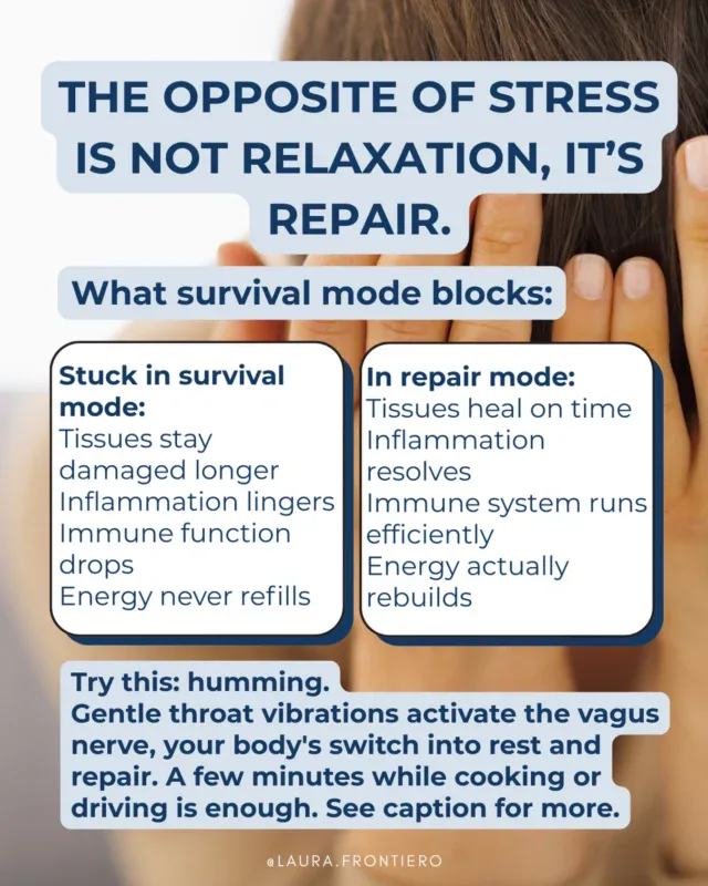 The opposite of stress isn’t relaxation, it’s repair.When your body stays in survival mode, healing is not the priority. Inflammation lingers, tissue stays damaged, your immune system underperforms, and your energy never refills, no matter how much you rest.A vacation helps. A massage helps. But neither is a substitute for consistent daily time in a state where repair can actually happen.Your body already knows how to get there. It just needs the signal.One of the simplest ways to send it is humming. A few minutes is enough to start shifting your nervous system in the right direction.Get the full routine on my blog. Comment STRESS below for the link......#nervoussystem #stressrelief #functionalmedicine #rootcause #vagusnerve