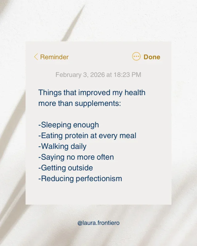 Supplements have their place, and I use them often when they’re appropriate.But some of the biggest improvements I’ve seen in my own health and in my clients’ health have come from things that don’t come in a bottle.Getting enough sleep gives your body time to repair, regulate hormones, and support your immune system. Eating enough protein helps stabilize blood sugar, preserve muscle, and support healthy aging. Daily movement improves everything from insulin sensitivity to mood. Spending time outside helps regulate your circadian rhythm and nervous system. And learning to rest without guilt may be one of the most underrated health interventions of all (I’m still working on this one!)These habits aren’t exciting because they don’t promise overnight transformation. They’re powerful because they work when you practice them consistently.Functional medicine isn’t always about chasing the next supplement or wellness trend. It’s about creating an environment where your body can function the way it was designed to.If you’re looking for more ways to improve your health and mindset, comment HEALTH below and I’ll send you a link to book a free discovery call with my team......#oversupplementing #nervoussystemhealth #bloodsugarbalance #rootcause #healthyliving