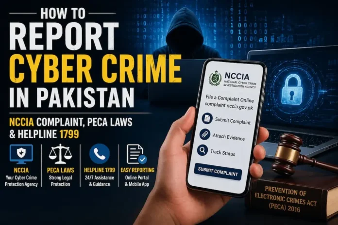 Cyber crime complaint Pakistan guide showing NCCIA, PECA laws, online fraud, and cyber harassment reporting process