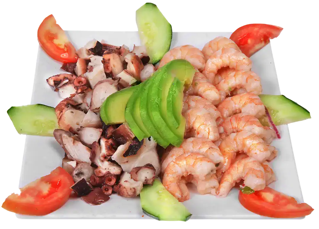 Seafood platter featuring shrimp, octopus, cucumber, and tomato slices.