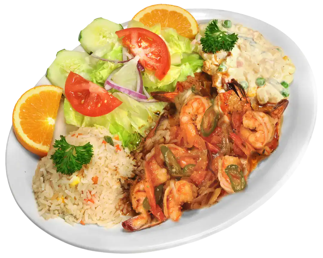 Camarones a la Mexicana served with rice, salad, and orange slices on a white plate.