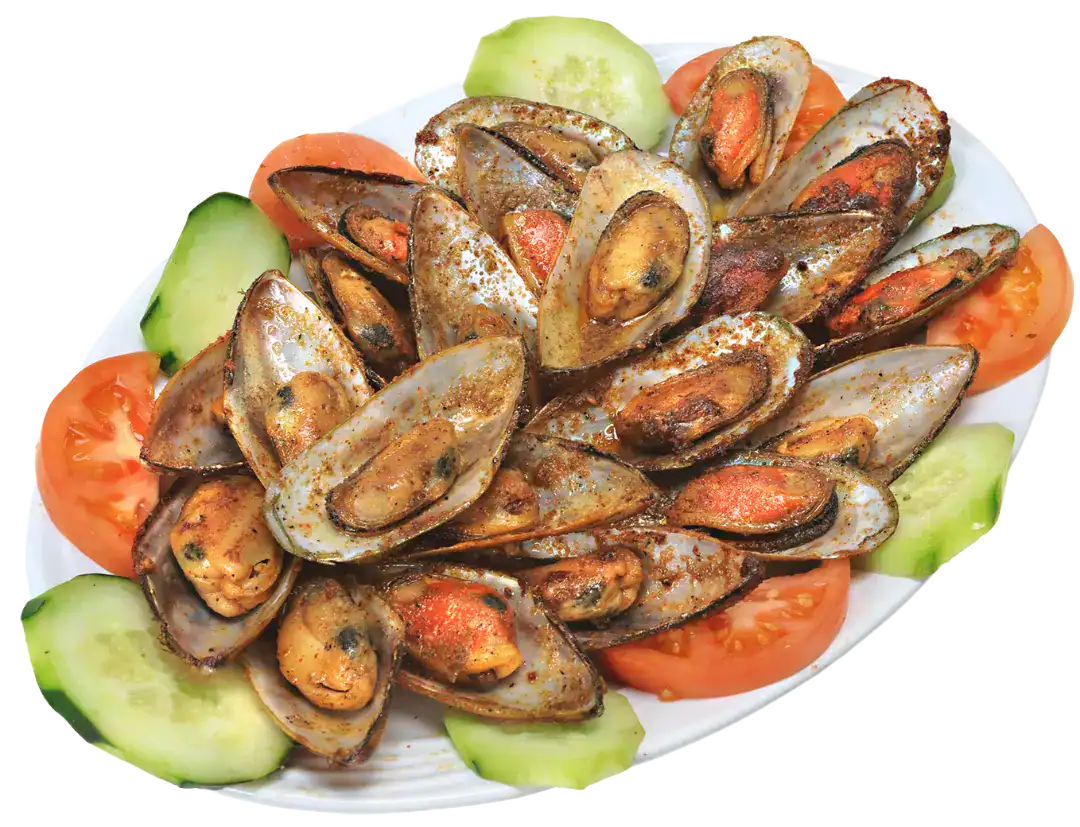 Fresh cooked mussels served with cucumber and tomato slices on a white plate.