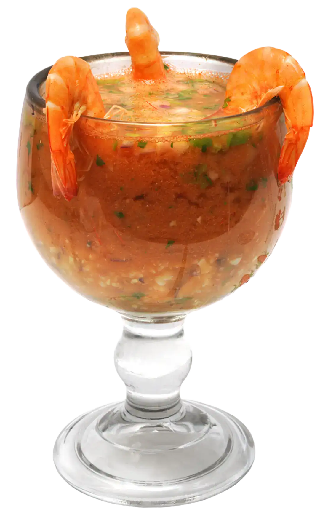 Seafood cocktail with shrimp and herbs in a glass.