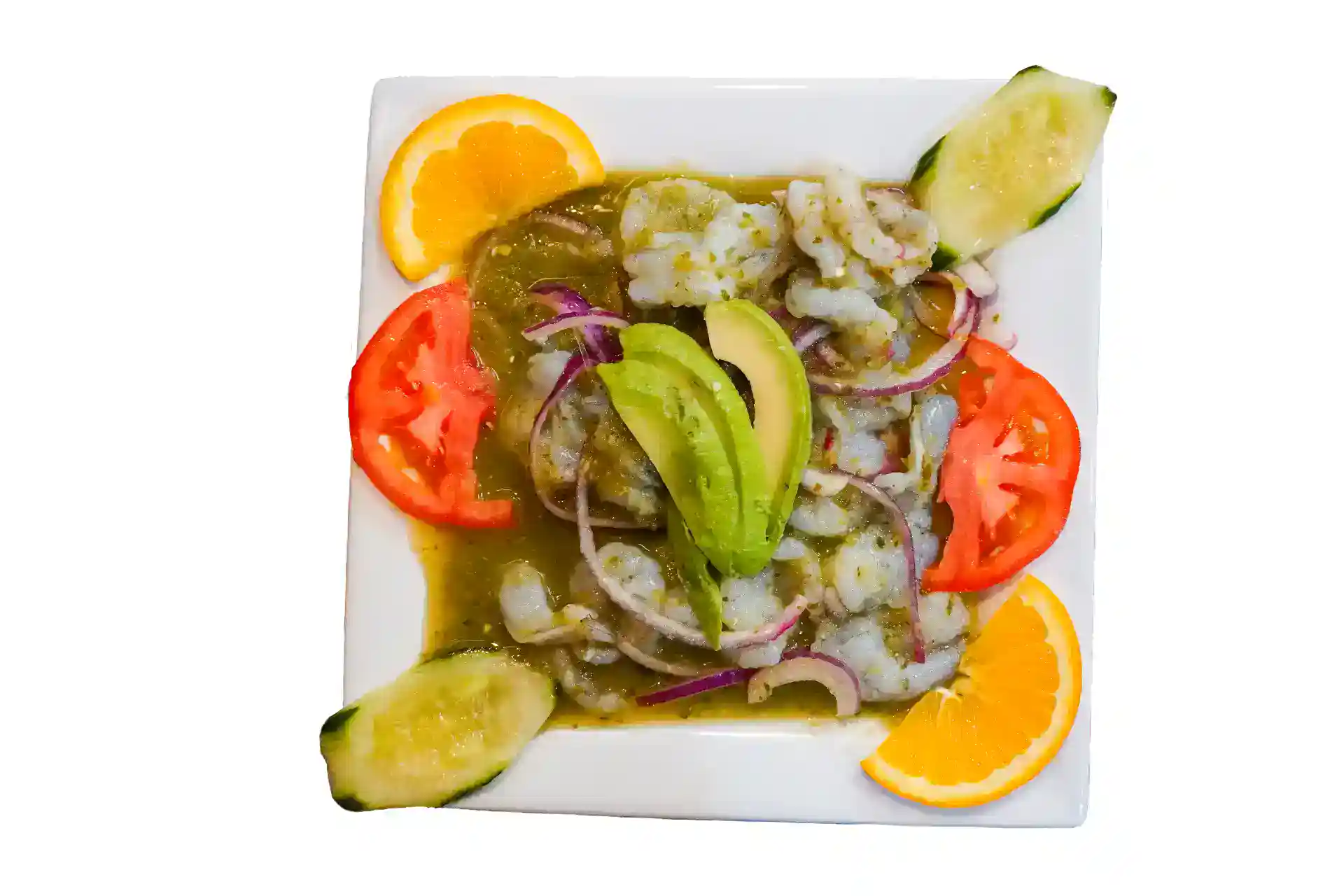 Colorful fish ceviche with tomatoes, cucumbers, and citrus slices on a white plate.