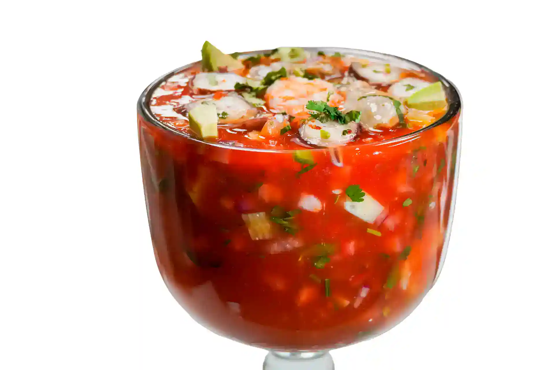 Delicious shrimp cocktail with lime and herbs in a glass bowl.