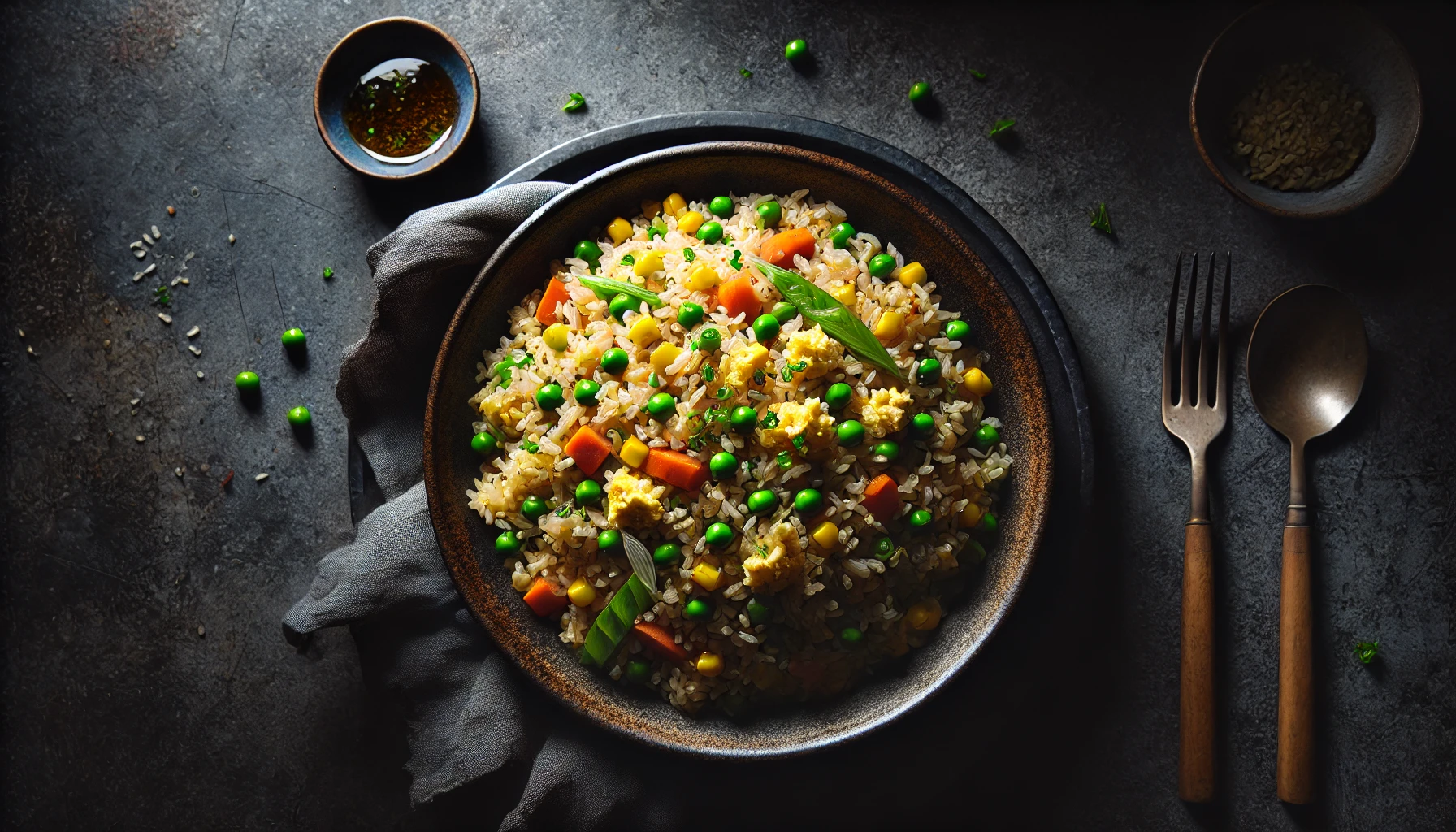 Top-down image of the Konjac Fried Rice in a chiaroscuro photography style