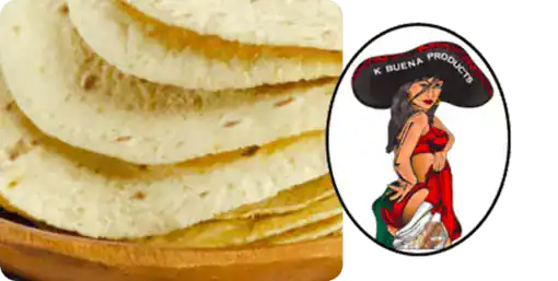 Bread slices with a logo of a woman in a red dress and hat.