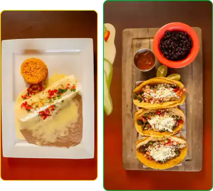 Delicious tacos with cheese, vegetables, and black beans on a wooden serving board.