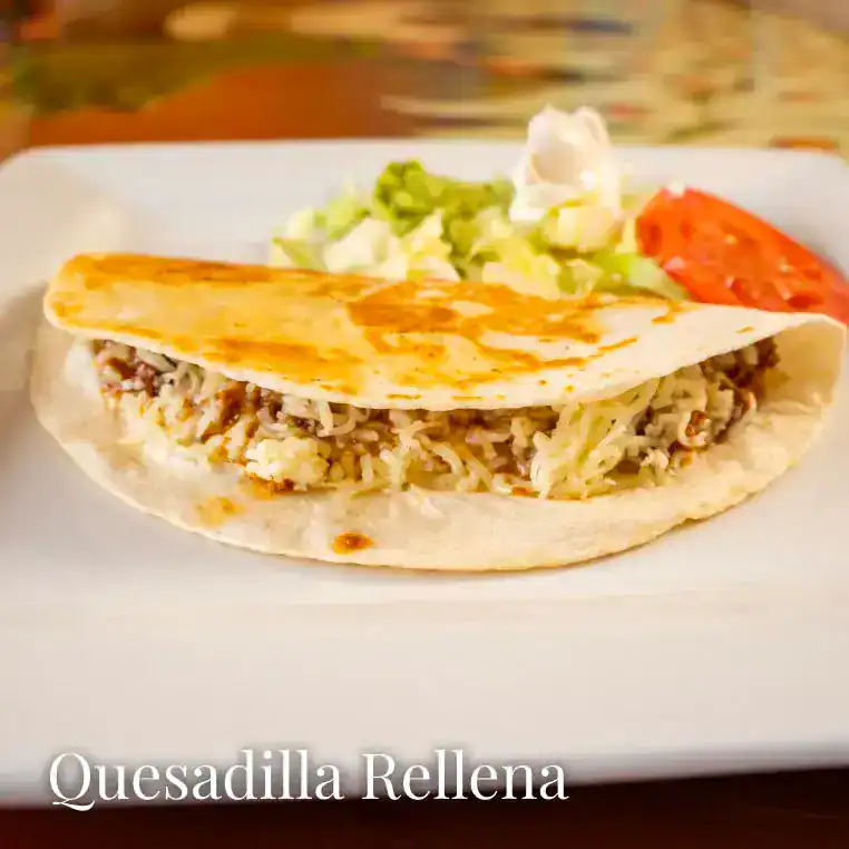 Delicious quesadilla filled with shredded meat, melted cheese, and served with fresh salad and tomat.
