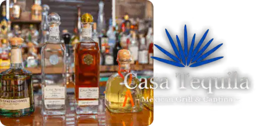 Assorted tequila bottles displayed at Casa Tequila Mexican Grill & Cantina.