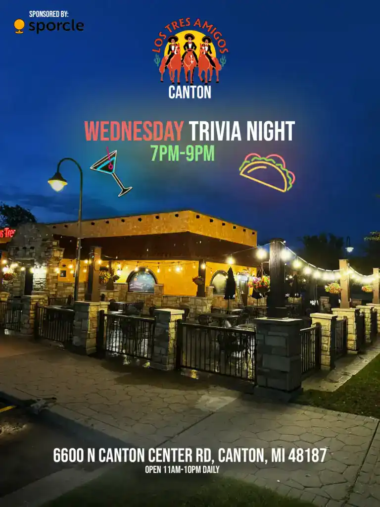Canton Wednesday Trivia Night from 7PM to 9PM at Los Tres Amigos, featuring drinks and fun activitie.