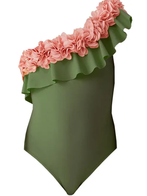 Valentina Green Kids Swimsuit With Pink Chiffon Flowers Details