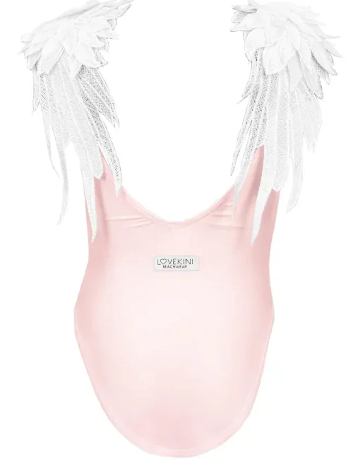 Angel Soft Pink Kids Swimsuit With White Lace Wing Details