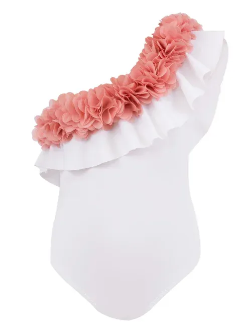 Valentina White Kids Swimsuit With Pink Chiffon Flowers Details