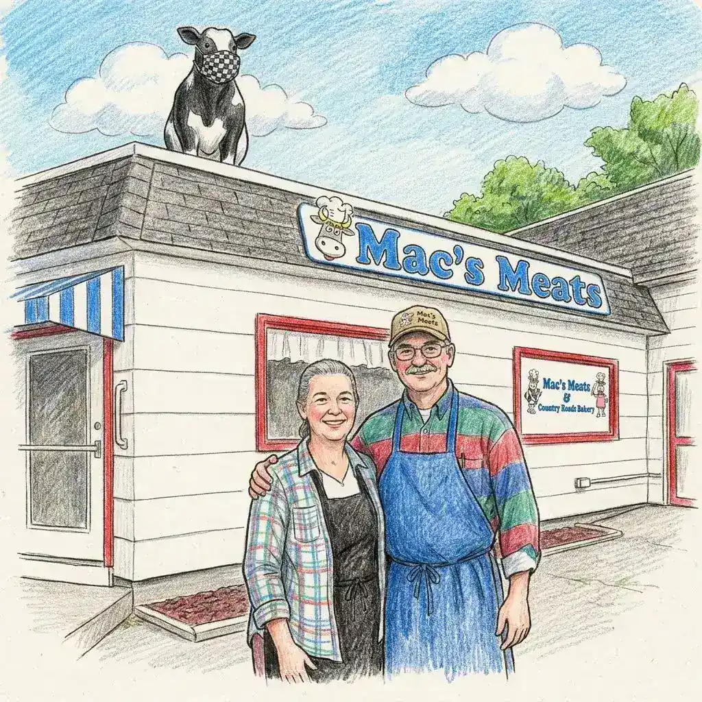 Exterior view of Mac's Meats shop with owners and a cow statue on the roof.