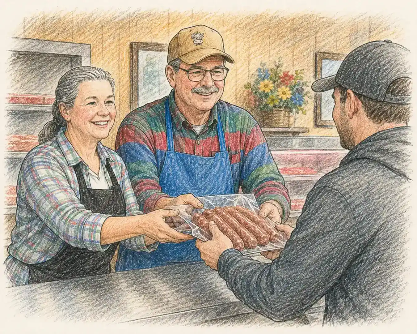 Friendly butcher handing over fresh sausages to customer at local shop.