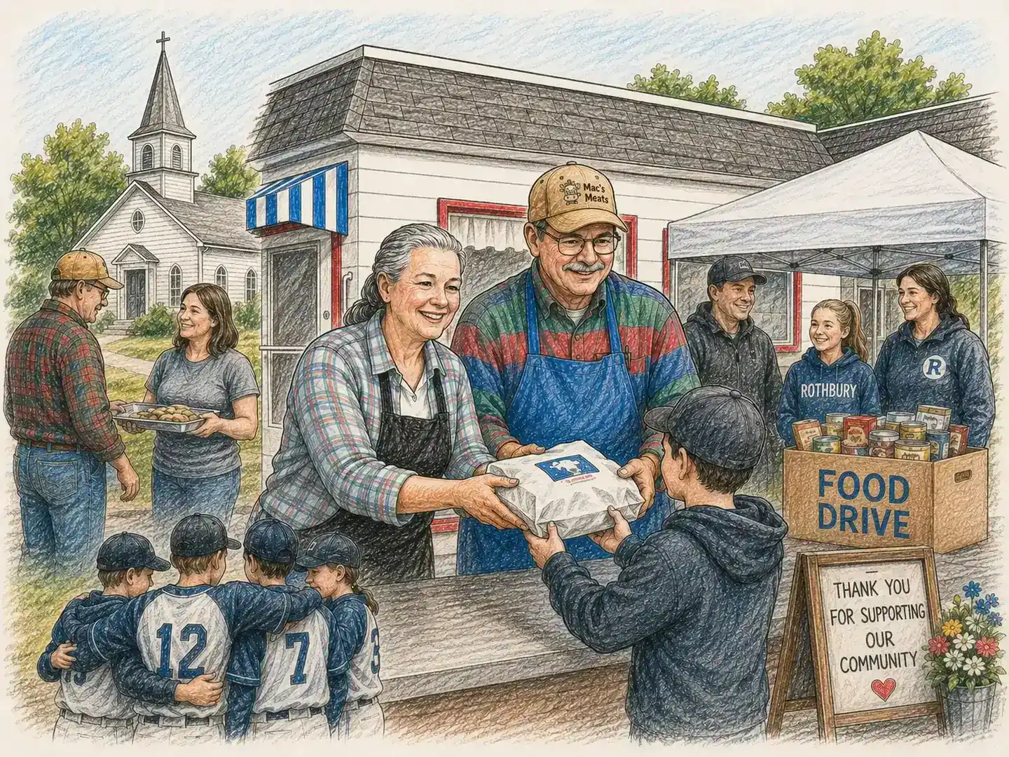 Community food drive event with volunteers distributing meals to families in need.