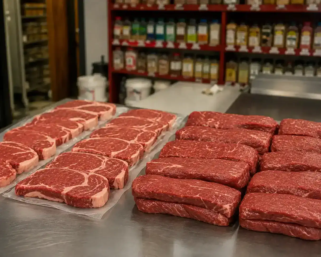 Fresh beef steaks and roasts on a stainless steel counter in a butcher shop.