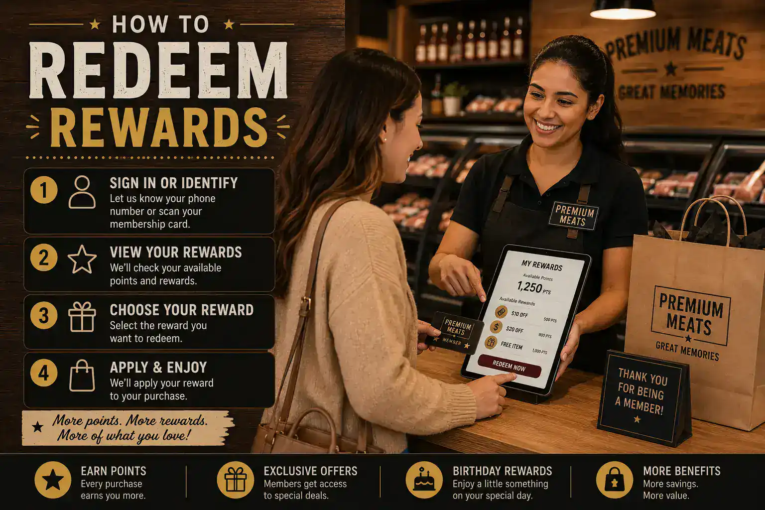 Customer receiving rewards information from staff at store counter.