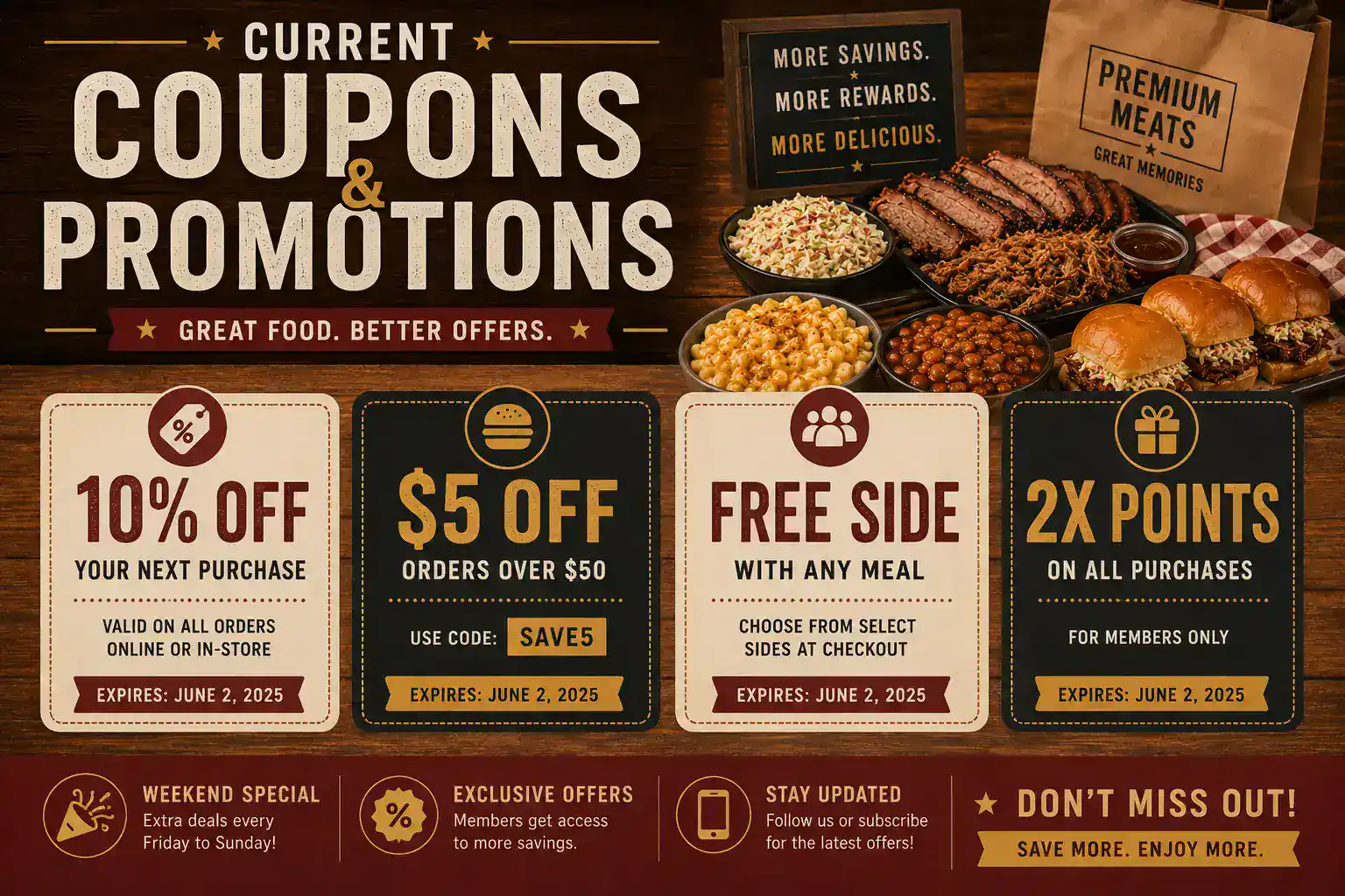 Promotional banner showcasing discounts, free sides, and reward points for food store.