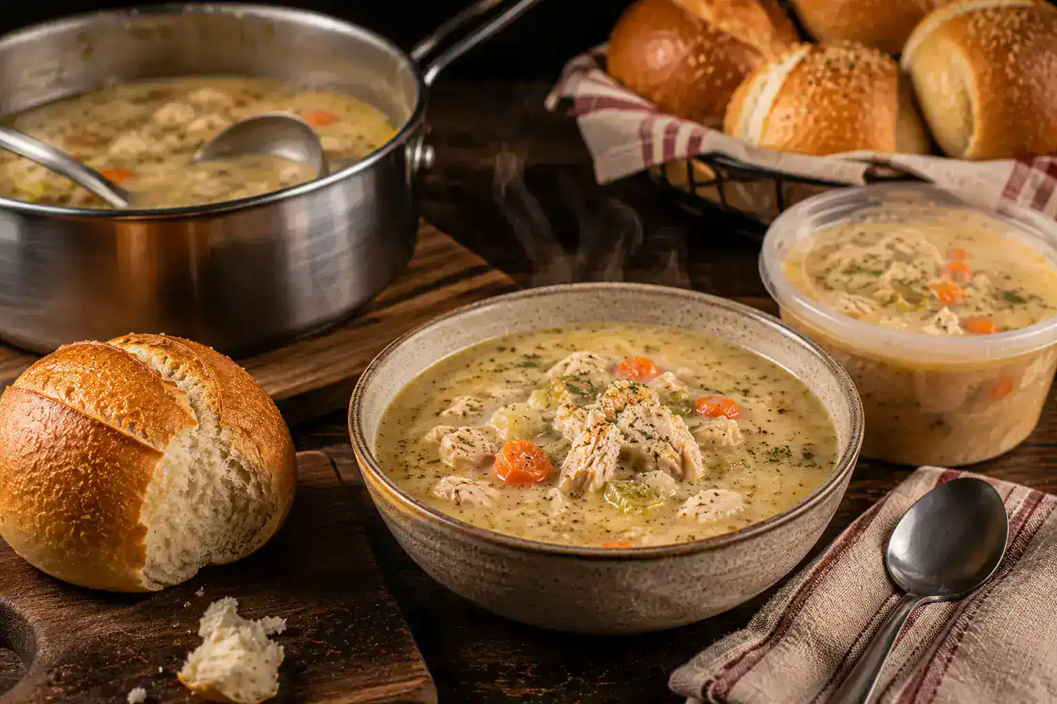 Comforting chicken soup served with fresh bread rolls for a hearty meal.
