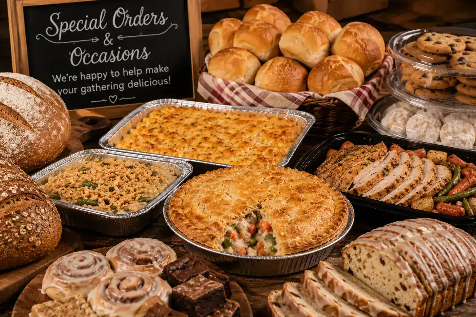 Assorted baked bread, pies, cookies, and pastries displayed for special orders and occasions. Perfec.