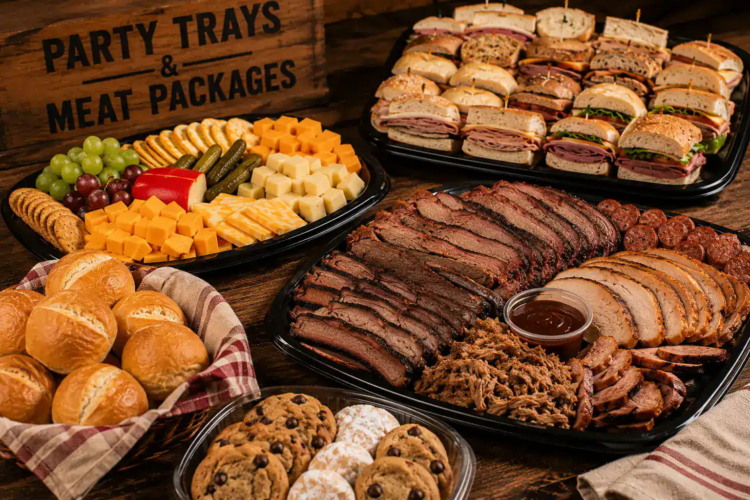 Party trays and meat packages featuring sandwiches, cheeses, fruits, and baked goods for gatherings.