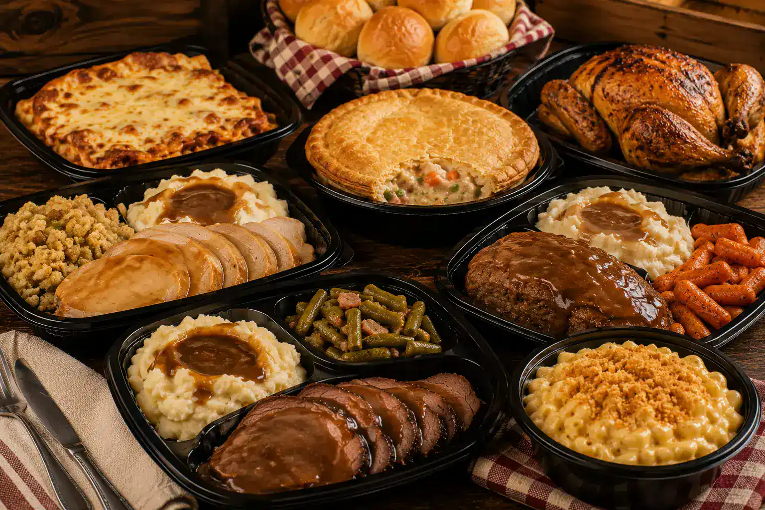 Assorted classic Southern comfort foods including mashed potatoes, meatloaf, biscuits, and fried chi.