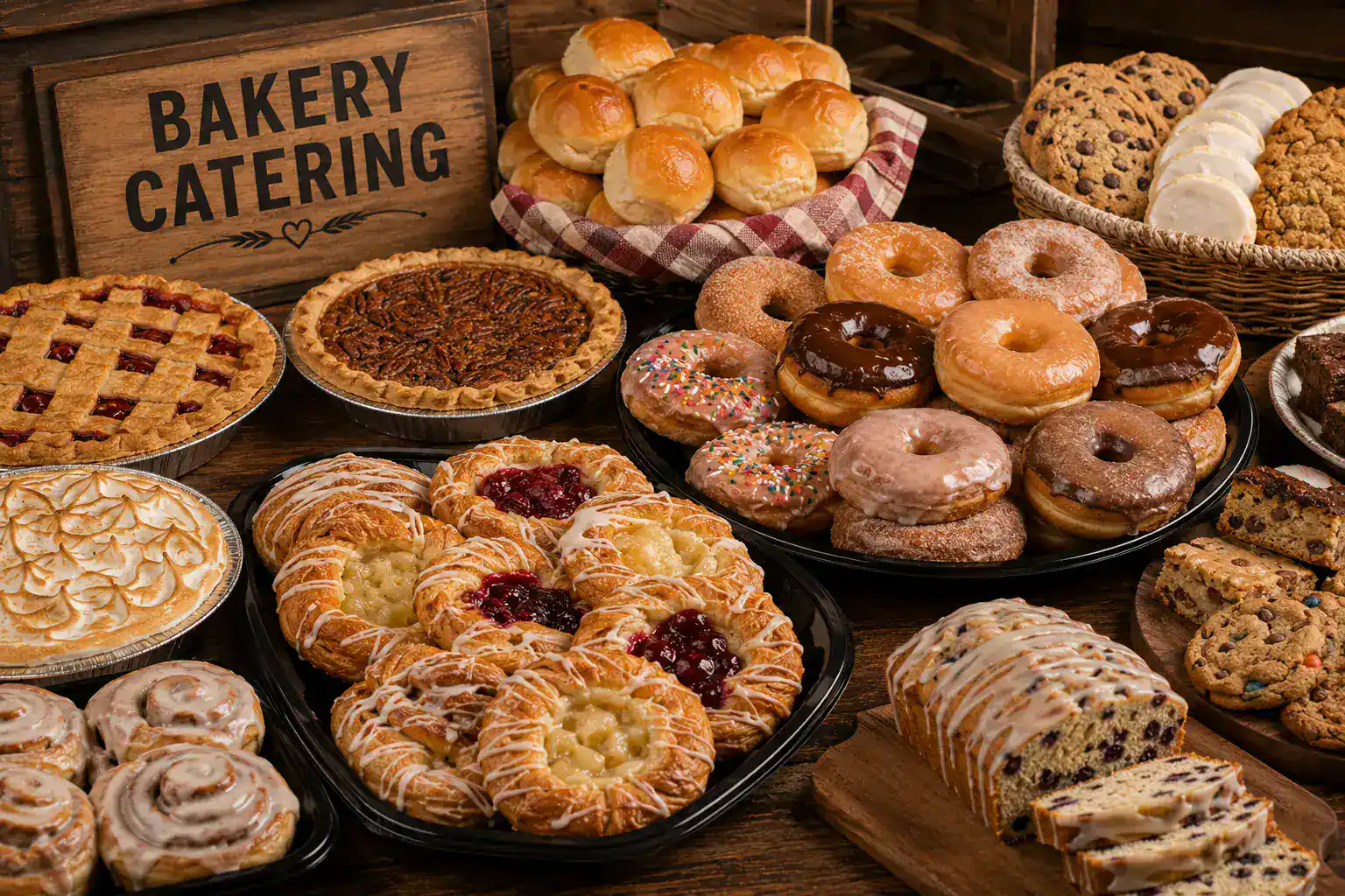 Delicious bakery and catering display featuring a variety of fresh pastries, donuts, and baked goods.