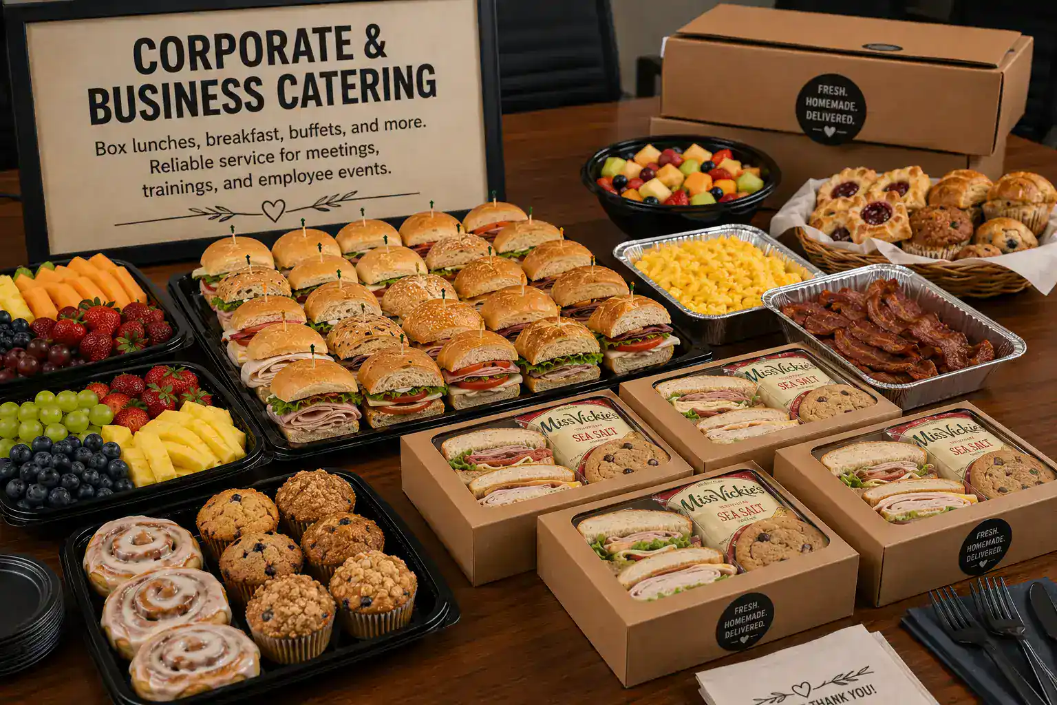 Corporate catering with sandwiches, pastries, and fruit for meetings and events.
