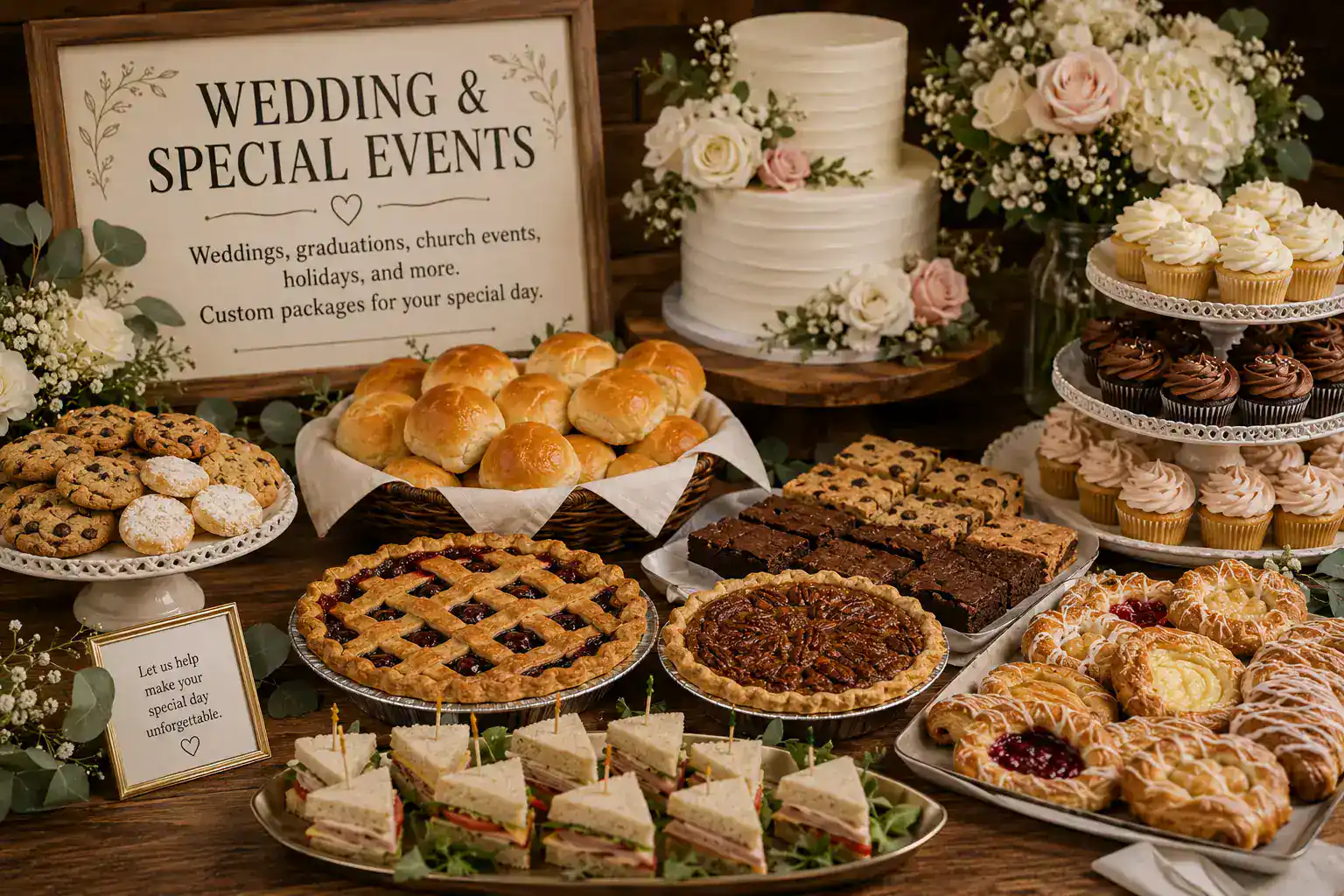 Elegant wedding dessert table with cupcakes, cookies, and pastries for special events.