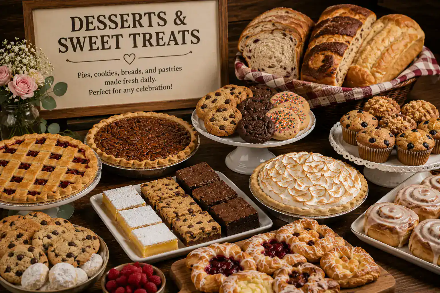 Assorted baked goods including bread, muffins, cookies, and pies on a dessert table.