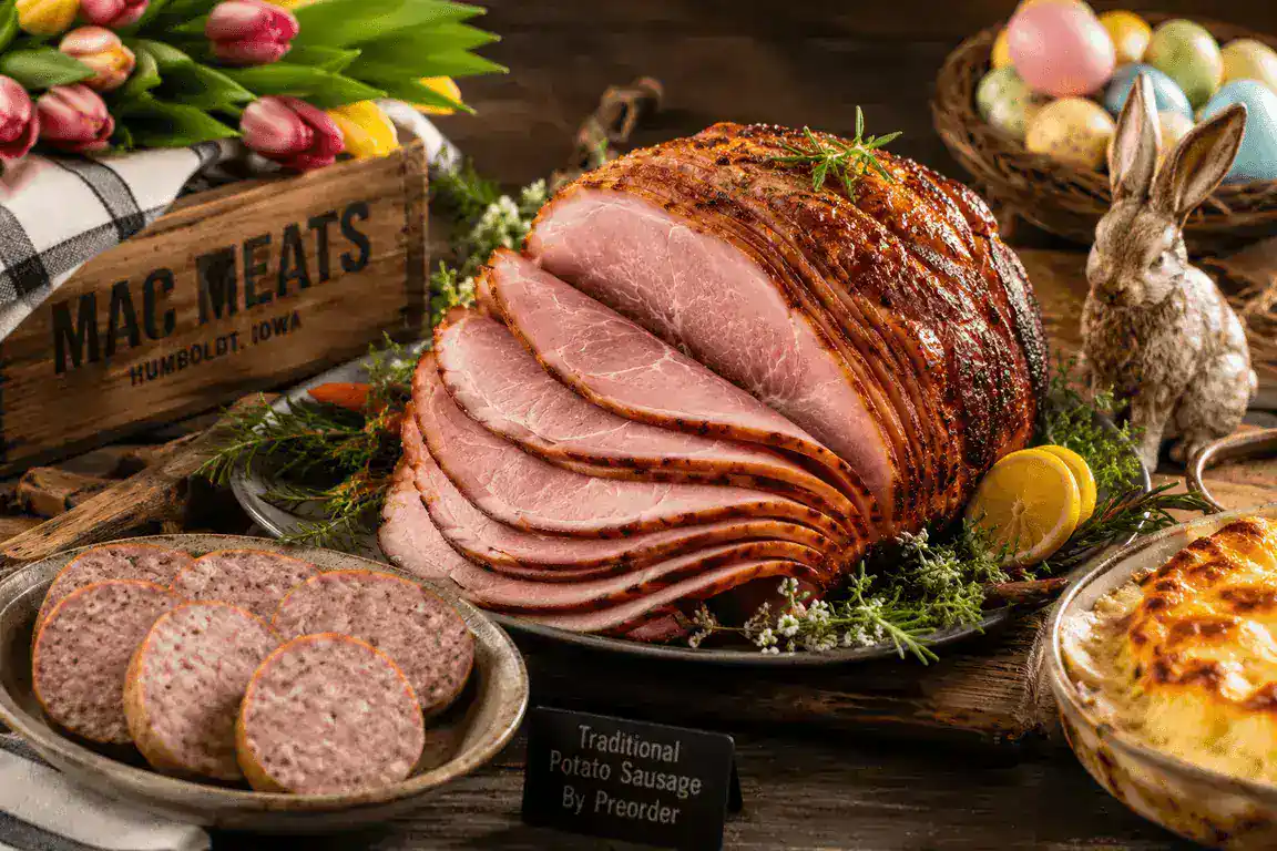 Delicious traditional potato sausage served with roasted ham, mashed potatoes, and colorful Easter e.