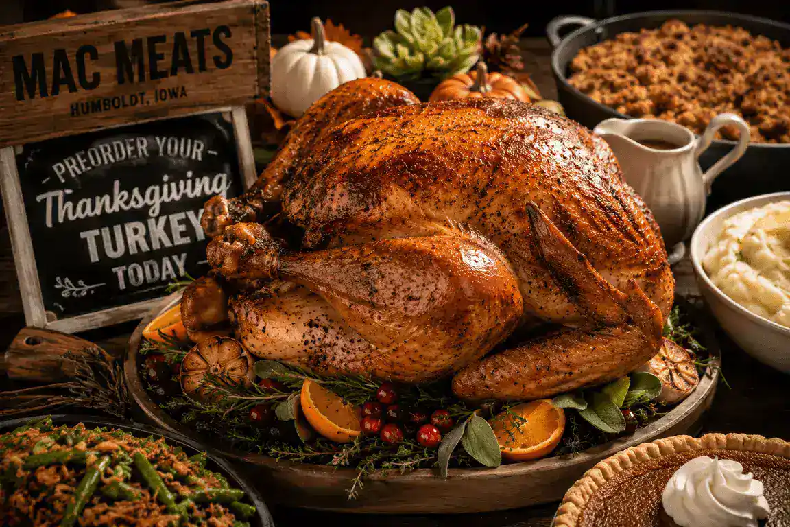 Juicy roasted Thanksgiving turkey served with sides and garnishes for holiday feast.