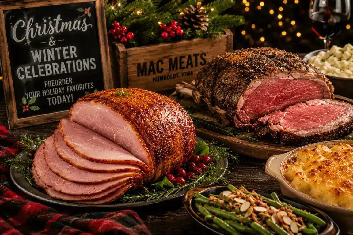 Delicious holiday meat platter featuring sliced ham and roast beef, perfect for Christmas and winter.