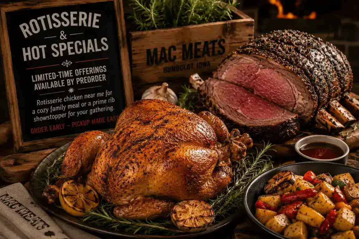 Delicious roasted meat platter with vegetables and herbs for DFM website.