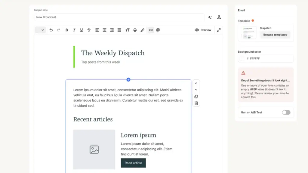 email editor inside of Kit.com