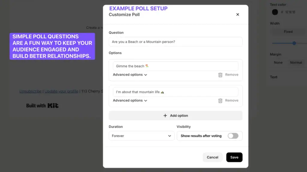 setup options for email polls