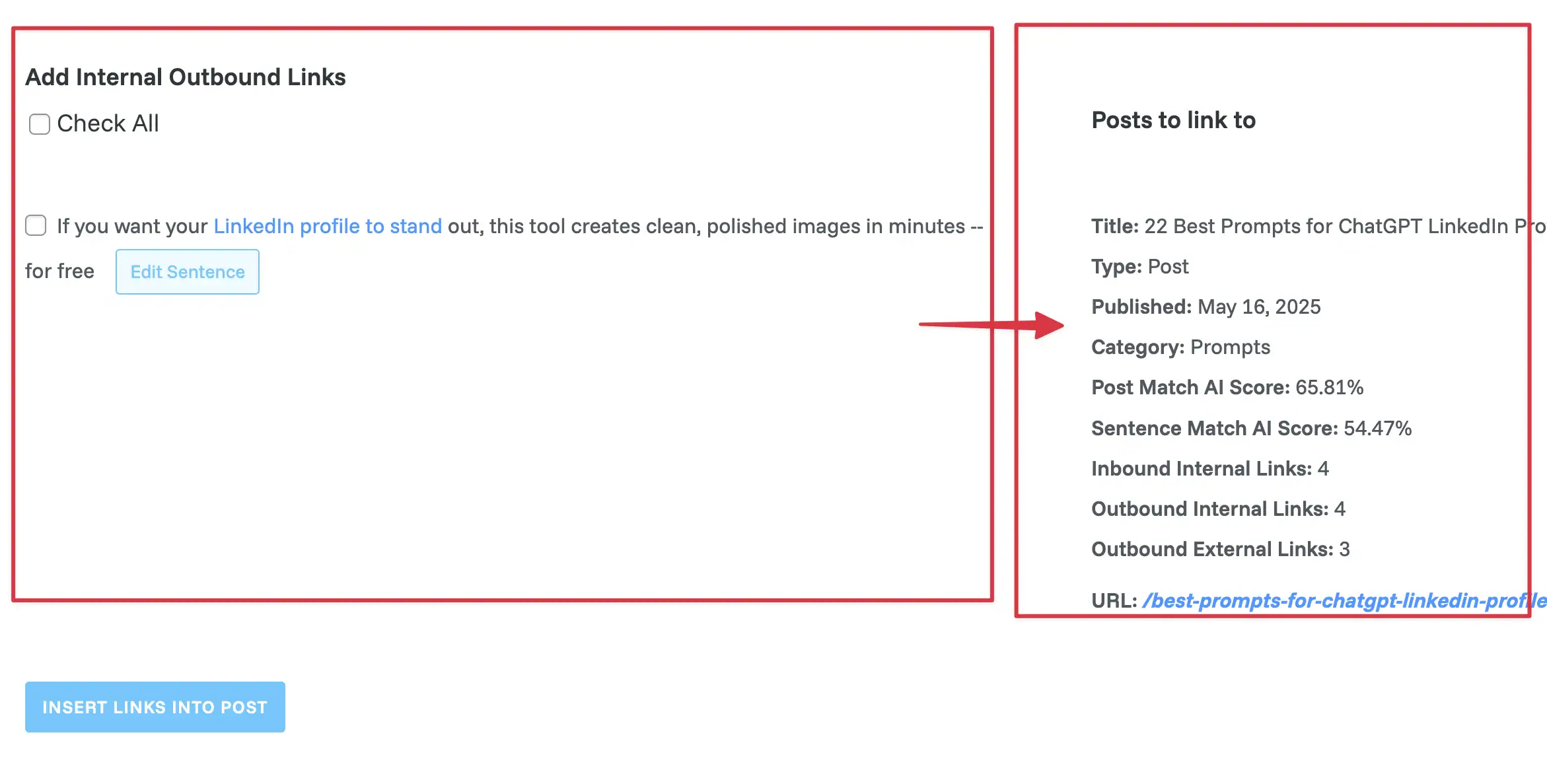 a screenshot of LinkWhisper contextual anchor text