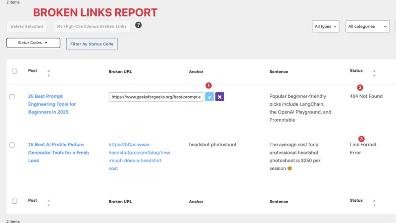 a screenshot of Broken link error report