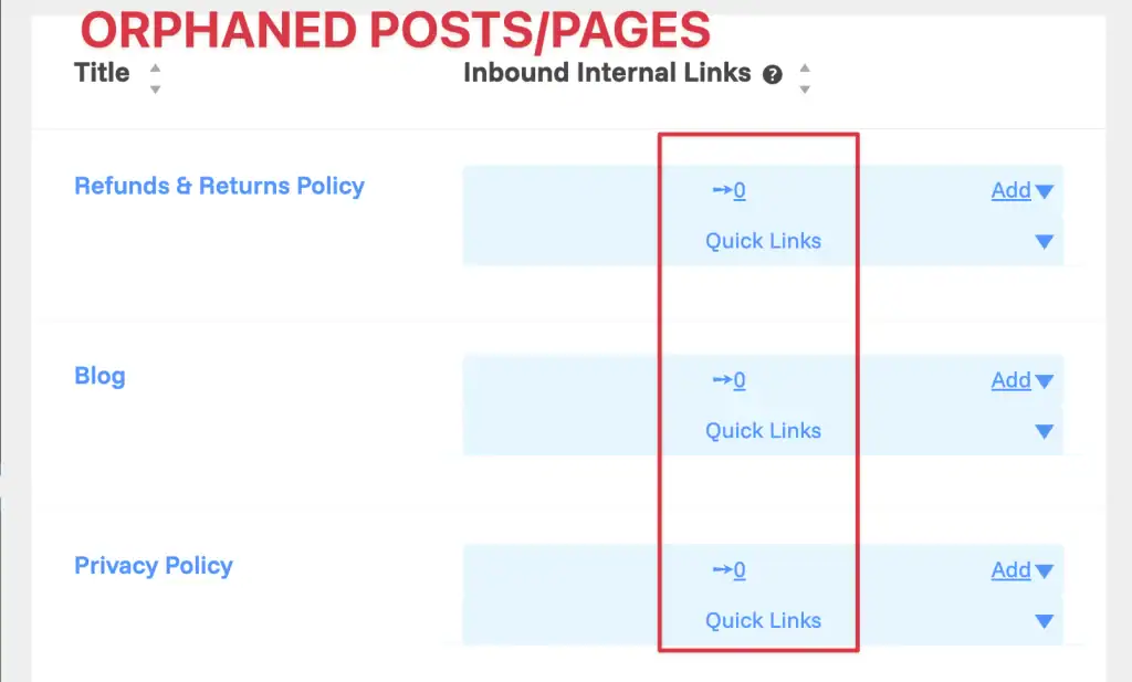 a screenshot of Internal link report