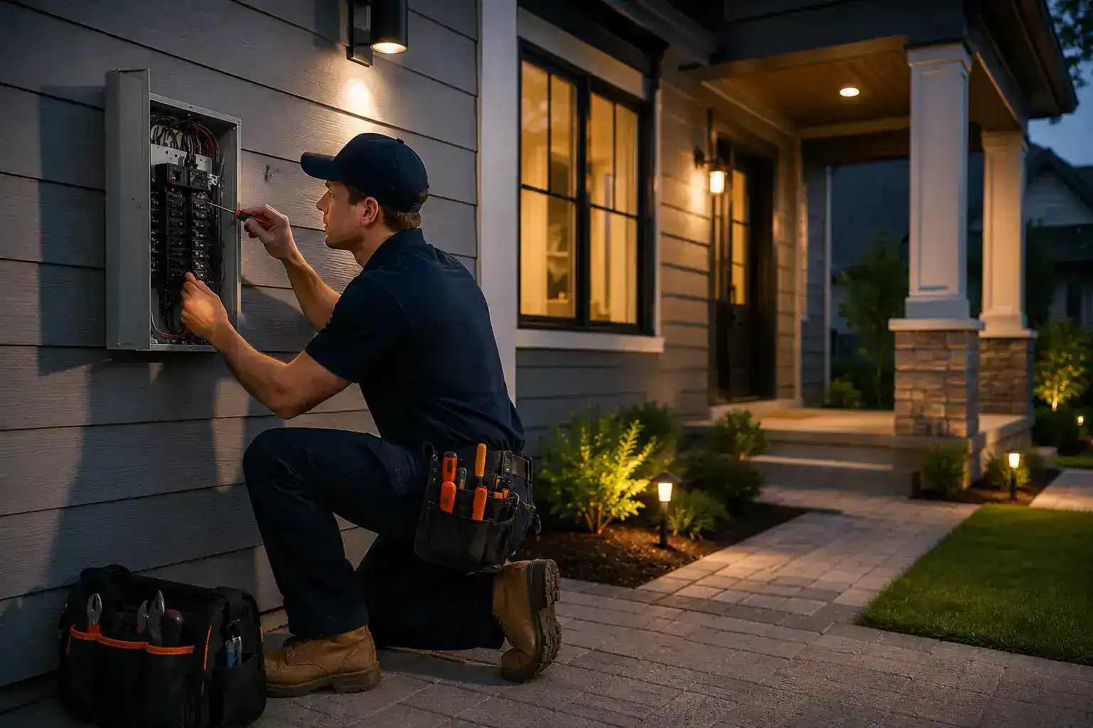 Electrical technician performing outdoor electrical panel inspection at dusk.