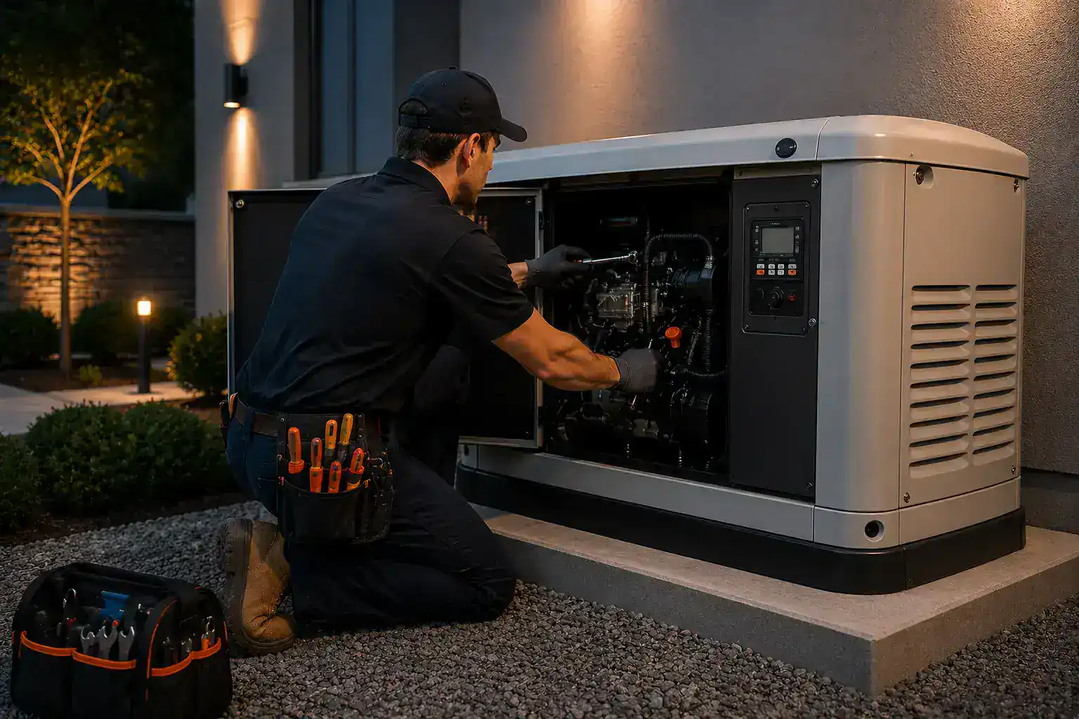Outdoor generator being serviced by a technician for optimal performance and reliability.