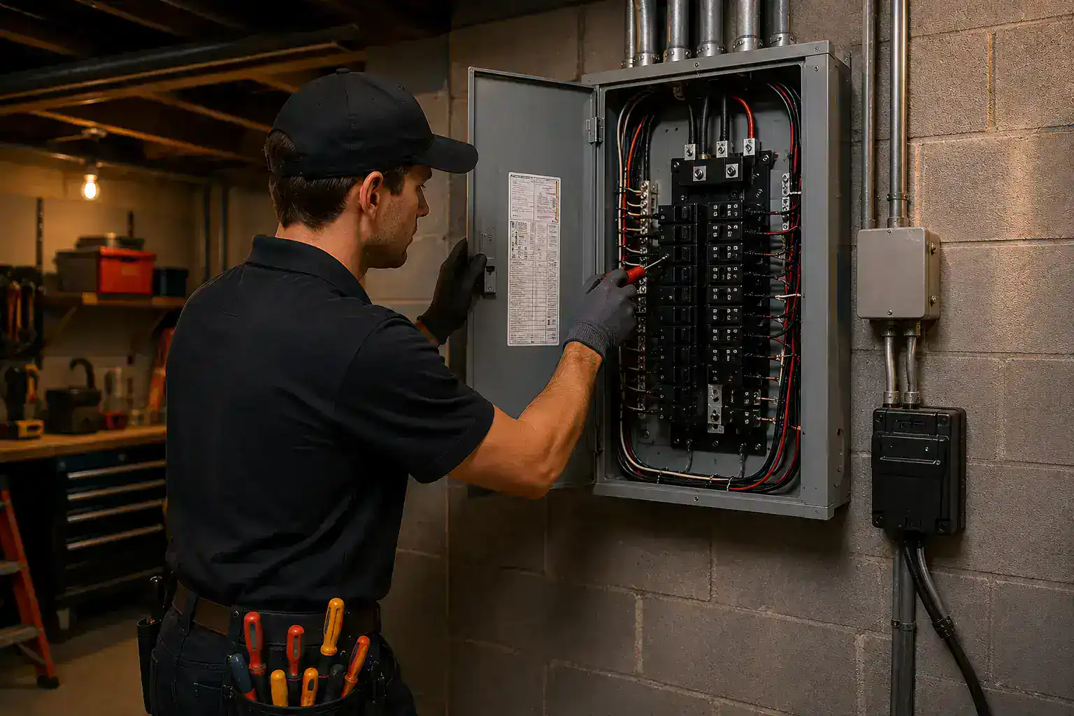 Electrical technician troubleshooting electrical panel for safety and functionality.