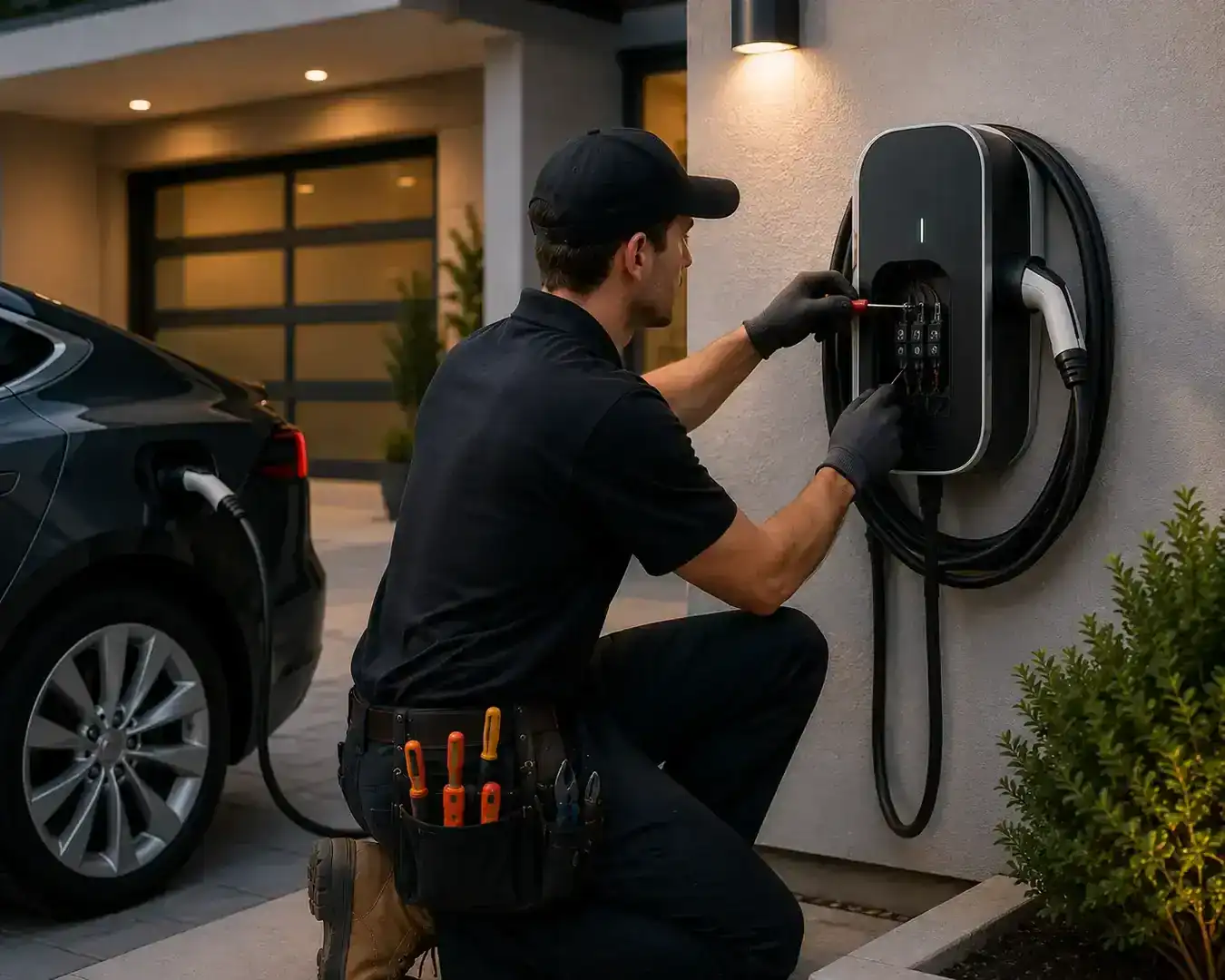 Technician installing EV charging station on exterior wall of modern home.