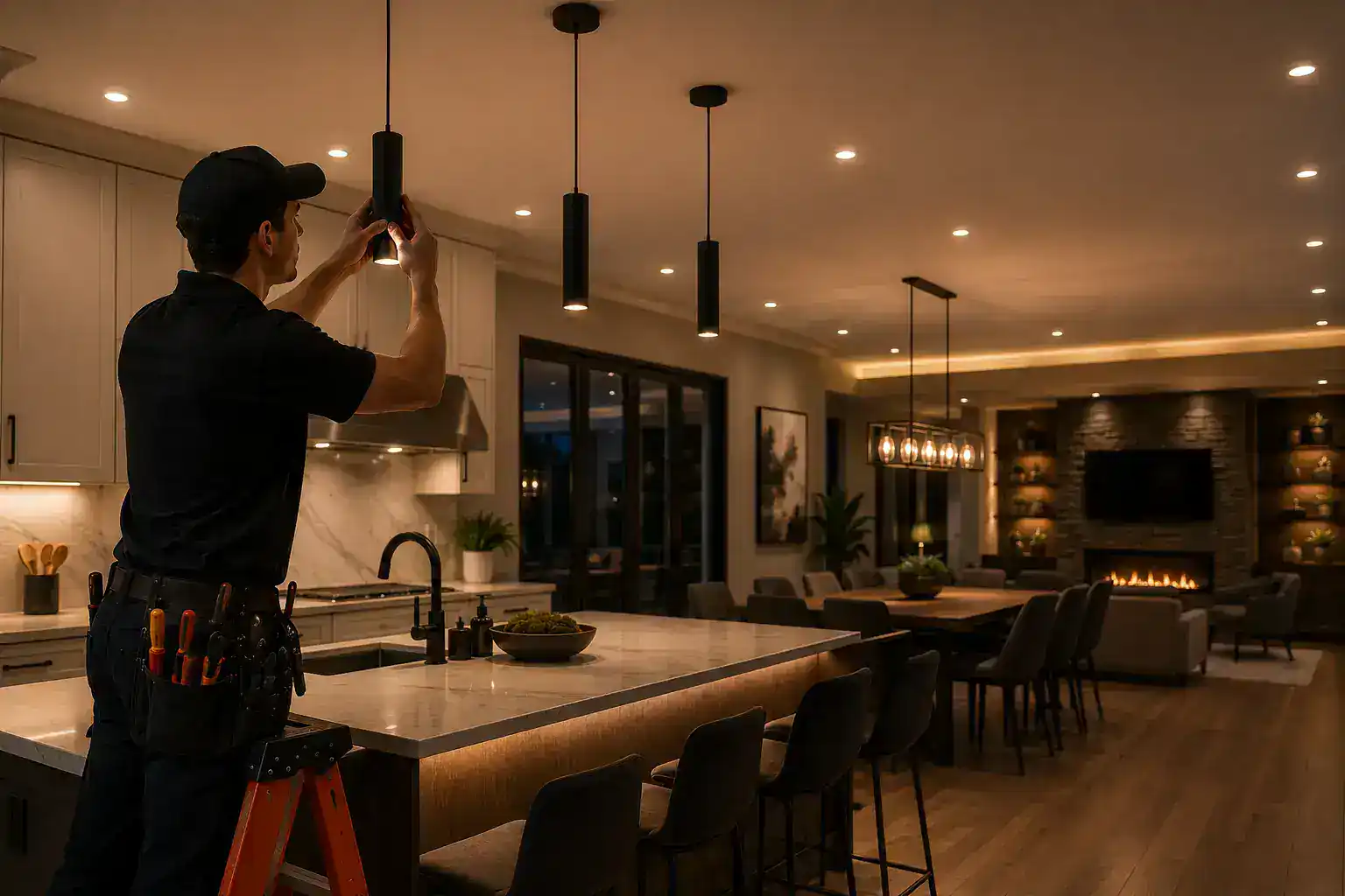 Professional lighting installation in modern kitchen and living room for optimal ambiance.